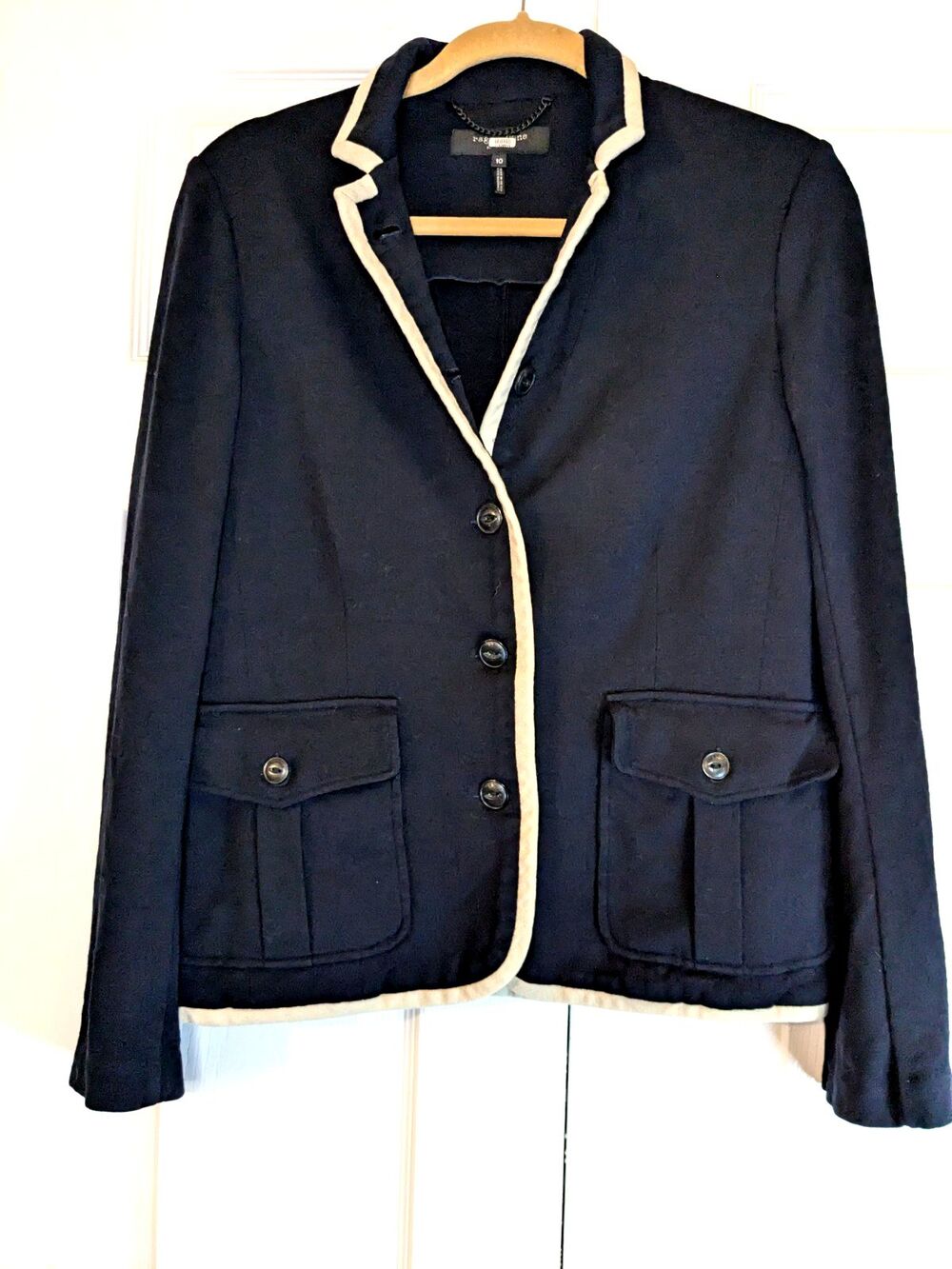 rag & bone Women's Sz 10 Uni Black Knit Blazer White Trim Patch Pockets USA Soft